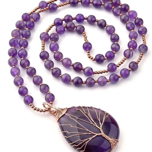 Jewelry - Healing Amethyst Necklace Natural Stone Wire Wrapped Pendant for Meditation